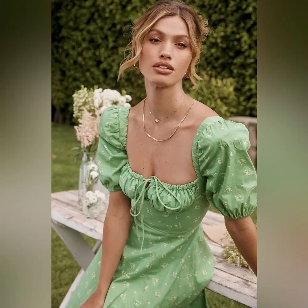 House of Cb Tallulah Olive Midi Green Dress Floral Puff Sleeve Size XS - Picture 3 of 14